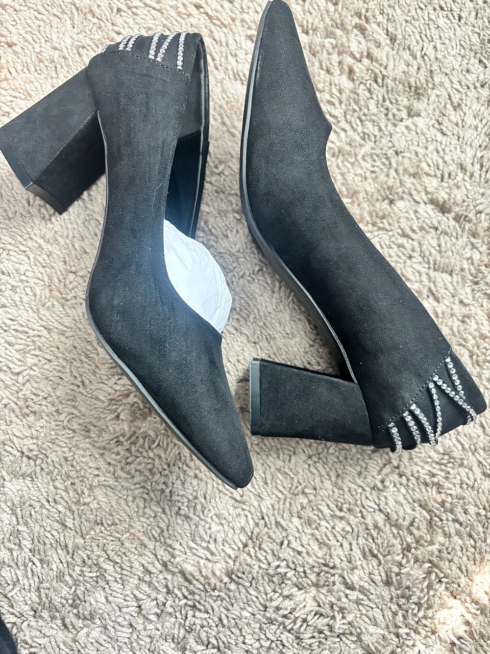 Jones New York Black Suede Block Heel Pumps with Rhinestone Detail